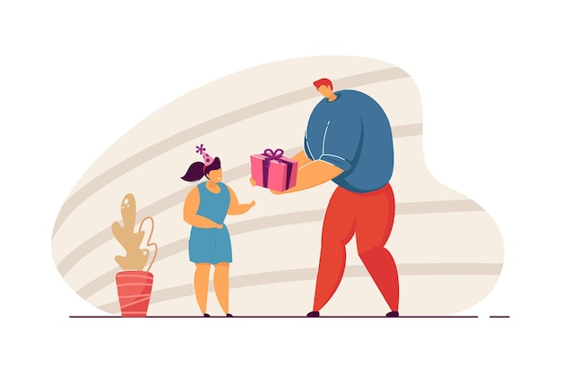 Vater, der Tochter Geburtstagsgeschenk gibt. Karikaturmann mit Kasten, Mädchen, das flache Vektorillustration des Parteihutes trägt. Familie, Geburtstag, Elternkonzept für Banner, Website-Design oder Landing-Webseite