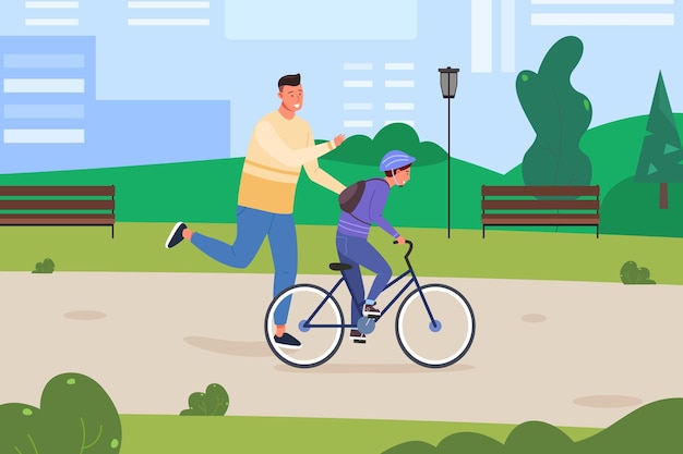 Vater lehrt Fahrrad fahren Cartoon Baby Radfahrer in Helm auf Fahrradparkstraße Eltern lehren Sohn Fahrrad fahren Vater lernen Kind zu treten
