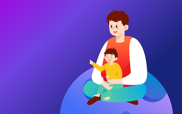 Vater mit Kind sitzt auf Planet mit Universum und Sternenhimmel in Hintergrundvektorillustration