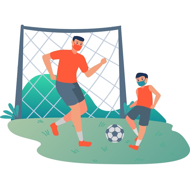 Vater spielt fußball mit seinem sohn auf fußballplatzillustration