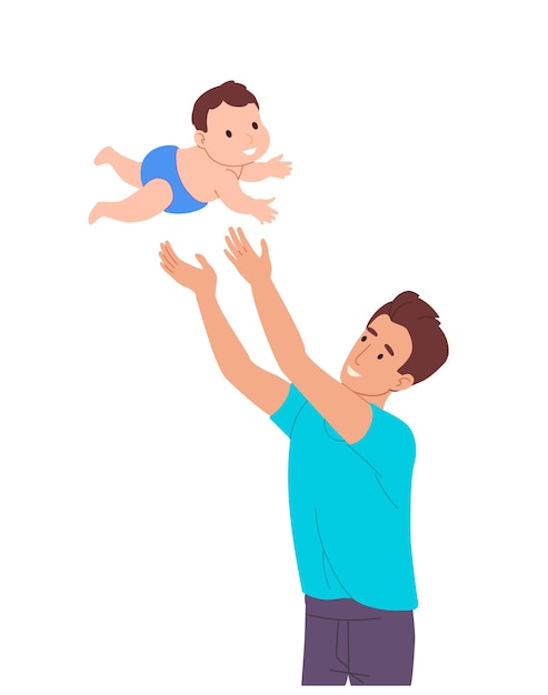 Vater spielt mit dem baby wirft ein kleines kind in die luft vektorillustration