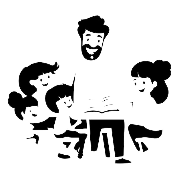 Vektor vater und kinder lesen zusammen ein buch vektorillustration im cartoon-stil