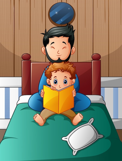 Vater und sein sohn, die nachts ein buch im bett lesen