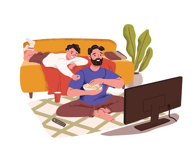Vater und Sohn sitzen zusammen vor dem Fernseher und sehen sich zu Hause einen Film an. Vater und sein Kind essen Popcorn. Familie verbringt Zeit im Wohnzimmer. Flach isolierte Vektorillustration auf weißem Hintergrund.