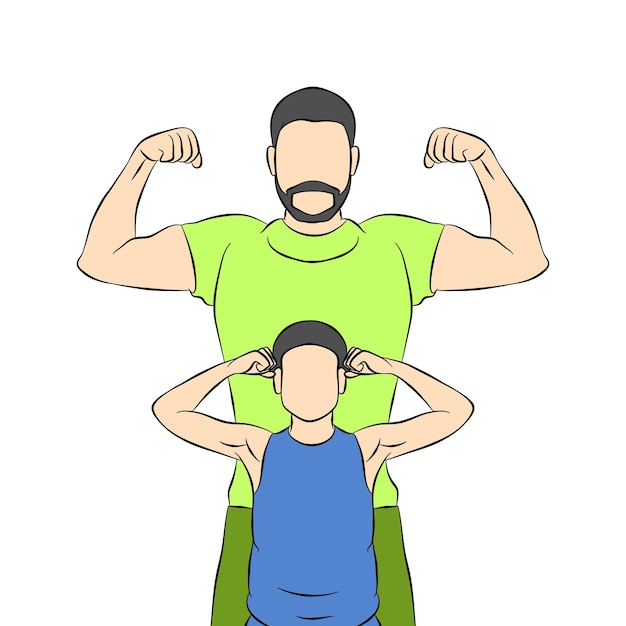 Vater und sohn zeigen muskeln flache illustration