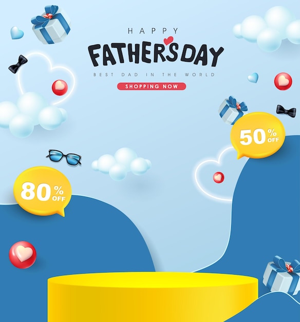 Vatertagskarte mit zylindrischer Produktanzeige und Geschenkbox für Papa auf blauem Hintergrund