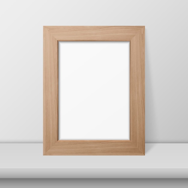 Vector 3d RealisticBrown Wooden Simple Modern Frame on a White Shelf or Table and White Wall Background Es kann für Präsentationen verwendet werden Design-Vorlage für Mockup-Vorderansicht