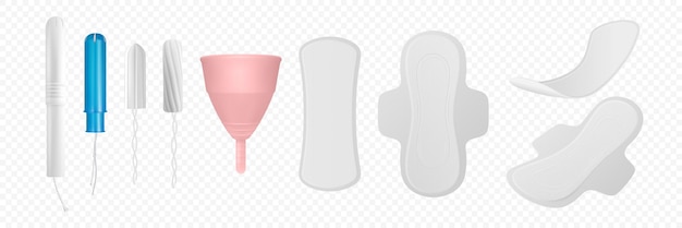 Vector 3d Realistische Menstruationshygieneprodukte Tampon Tampon mit Applikator Menstruationskuppe und Sanitärpolster Ikonensatz Nahaufnahme Isolierte weibliche Hygiene-Ikonen Menstruationspads Tampons Cup