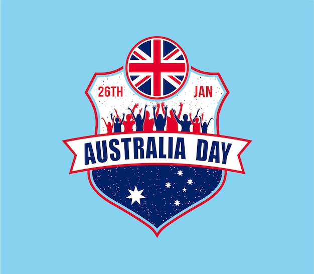 Vector australia day die menschen feiern und flaggen präsentationen auf dem schild auf blauem hintergrund