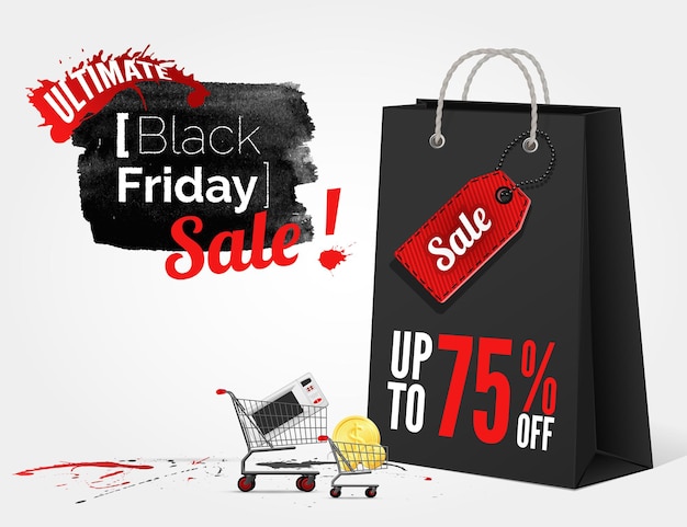 Vector black friday-aquarellbanner mit tintenspritzern und einkaufstasche und einem warenkorb