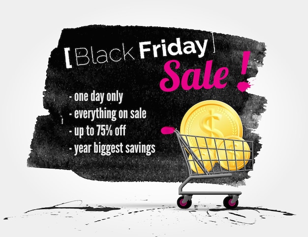 Vector black friday-aquarellbanner mit tintenspritzern und einkaufswagen