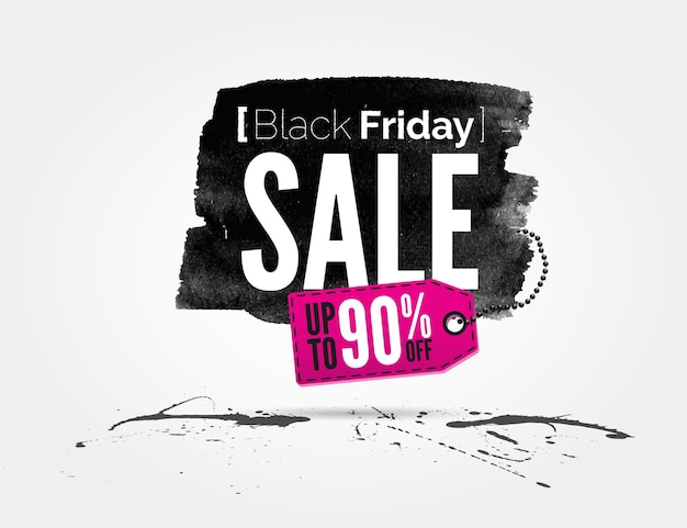 Vector black friday-aquarellbanner mit tintenspritzern und shopping-tag