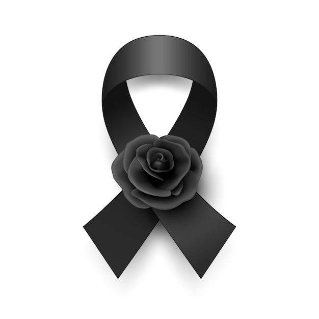 Vektor vector black silk ribbon mit black rose design template für begräbniskarte banner einladung schwarzes bewusstseinsband isoliert auf weißem hintergrund ikon für gebets- und trauersymbol