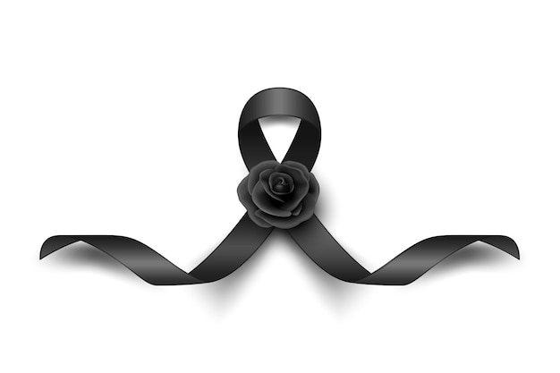 Vektor vector black silk ribbon mit black rose design-vorlage für beerdigungskarte