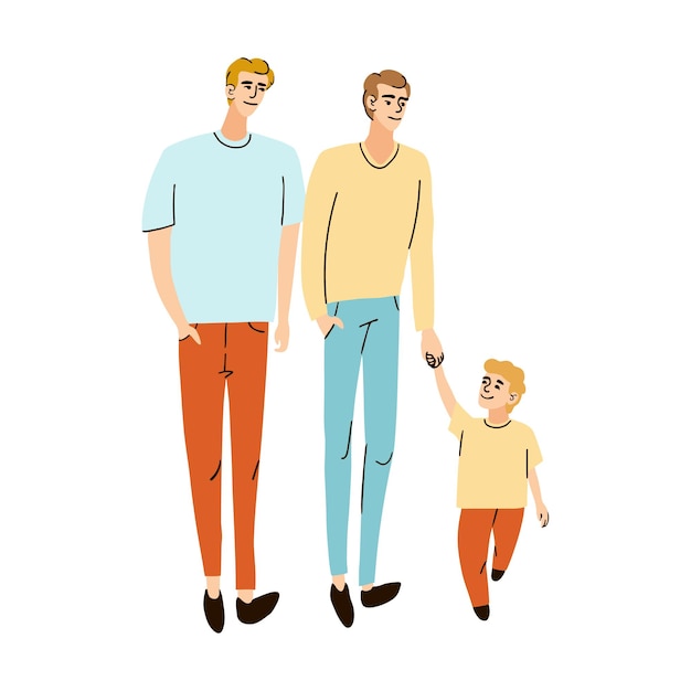 Vektor vector bunte illustration einer jungen familie, zwei vätern und einem sohn, die zusammen auf die straße gehen