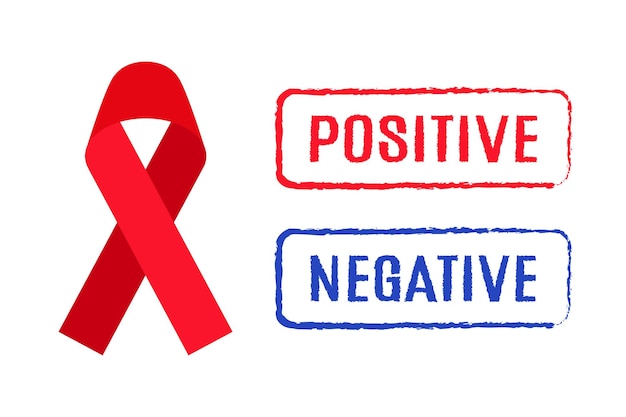 Vektor vector cartoon rotes band und positive und negative signets des hiv-testergebnisses. der 1. dezember ist der welt-aids-tag.