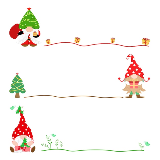 Vector Cute Gnome auf Weihnachtsmann-Kleid mit Geschenkbox Weihnachtsbaum und grünen Blättern Holiday