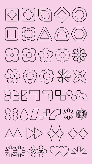 Vector elements Pattern with geometric shapes on pink background Geometric shapes include circles triangles and stars Shapes create a geometric pattern Black shapes vector element set