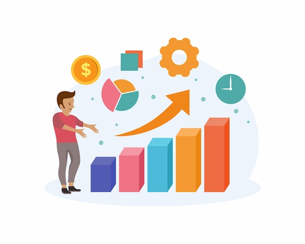 Vector flache artillustration des glücklichen geschäftsmannes, der infografik des geschäftswachstums zeigt