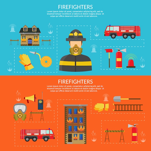 Vector flache illustration des brandbekämpfungscharakters und der infographic, axt-, haken- und hydrantenfahne