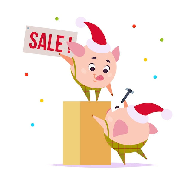 Vector flache illustration von zwei lustigen kleinen schweinelf in der hängenden verkaufslasche der weihnachtsmannmütze lokalisiert auf weißem hintergrund. perfekt für verkaufsbanner, web, verpackungsdesign usw.