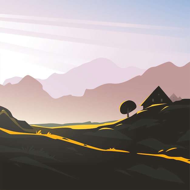 Vector flache landschaft minimalistische illustration der wilden naturbergmorgenansicht mit himmel, sonnenlicht, gemütlichem haus. für reisebanner, karten, touristische werbung, broschüren, flyer usw.