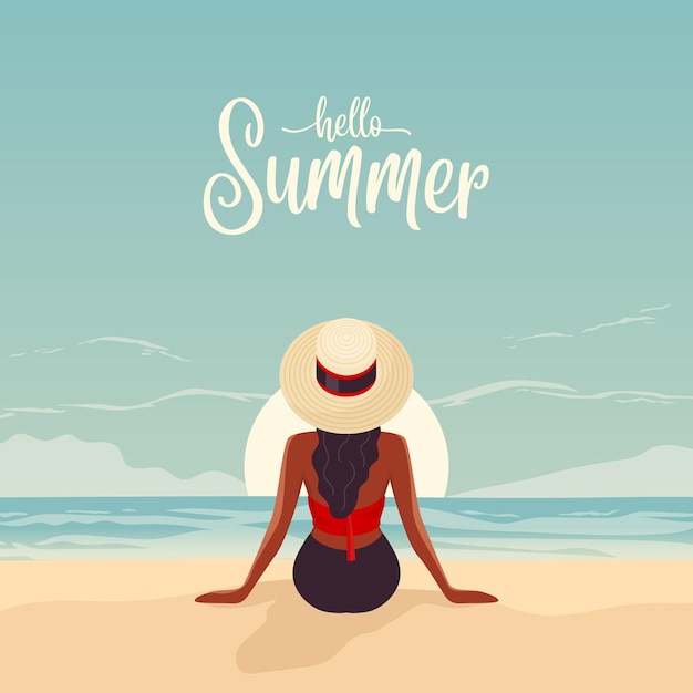 Vector Flat Junge Frau mit Hut sitzt bei Sonnenuntergang am Strand und genießt das Resort Entspannung am Strand Sandstrand im Sommer Saison Rückblick Hallo Sommer Konzept Ozean Landschaftsansicht Hintergrund