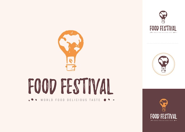 Vector food festival logo-vorlage in verschiedenen farbvarianten isoliert. restaurant, café, catering, food-service-emblem-design. luftballon, topfsymbol im grunge-druckstil.