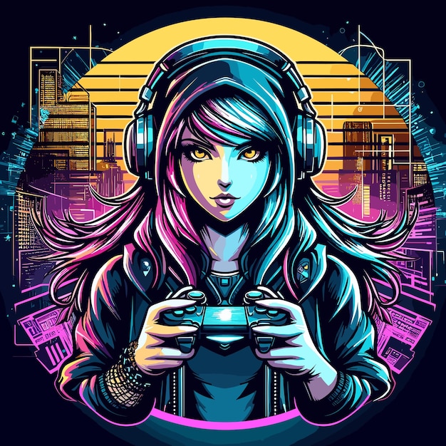 Vector-Gamer-Mädchen-Cyberpunk-Logo