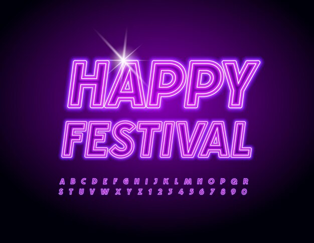 Vector Glowing Logo Happy Festival Moderne Neonschrift Kreative Alphabet Buchstaben und Zahlen Set