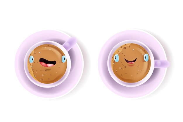 Vector glückliche liebesbecher-paarkarte mit lustigen kawaii lächelnden gesichtern, kaffee, untertasse lokalisiert auf weiß. süßes frühstückskonzept des valentinstags mit heißem kakao, latte. liebe kaffee draufsicht illustration