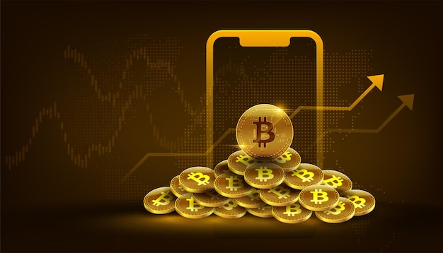 Vector goldenes Bitcoin-Blockchain-Technologiekonzept mit Mobilgeräten