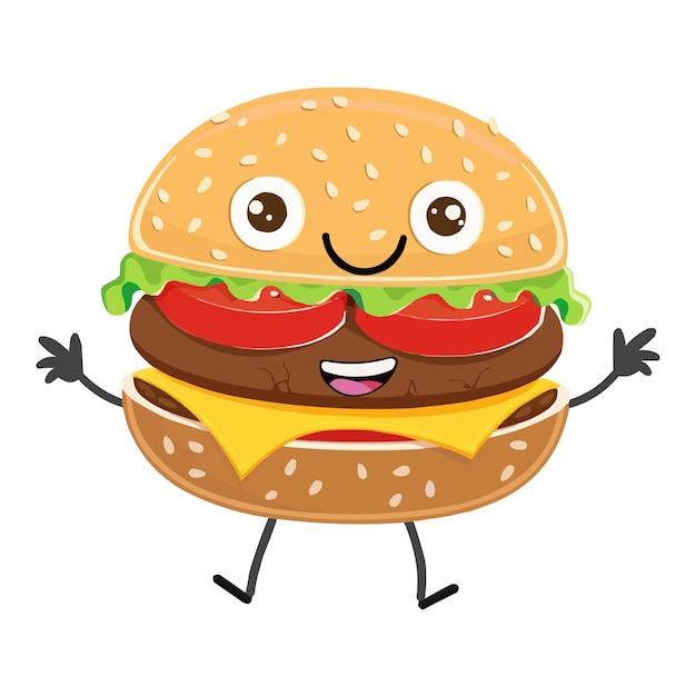Vector Hamburger mit Armen und Beinen, Zeichentrickfigur auf weißem Hintergrund