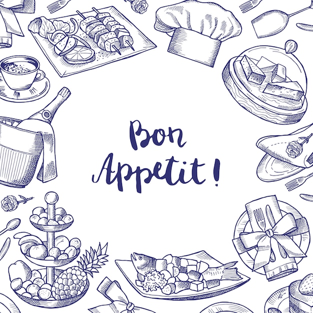 Vector Hand gezeichneten Restaurant- oder Zimmerservice-Elementhintergrund mit Platz für Textillustration
