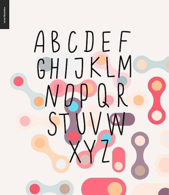 Vector handgeschriebenes lateinisches alphabet auf kopiertem hintergrund mit runden formen