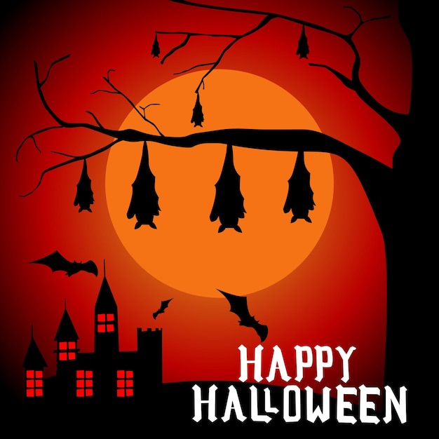 Vektor vector happy halloween gruselige fledermäuse fliegen über hügelhäusern amp hängen an bäumen