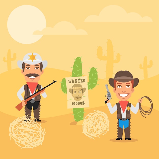 Vector Illustration, Cowboy Sheriff und sein Assistent in der Wüste, Format EPS 10