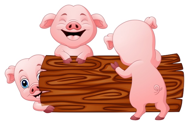 Vector illustration der kleinen schweinkarikatur drei im klotz