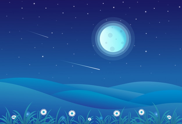 Vector illustration der nachtzeithügellandschaft mit vollmond und einem sternenklaren himmel