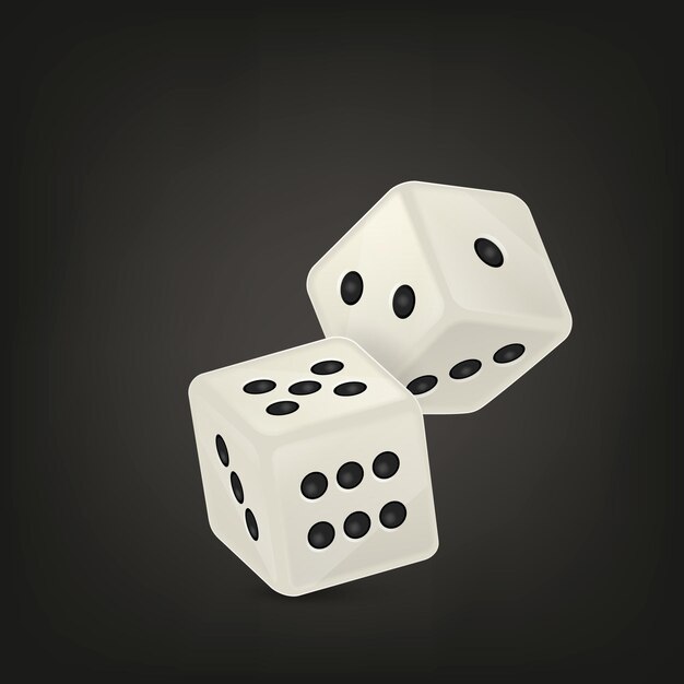 Vector Illustration der weißen realistischen Spielwürfelikone in der Flugnahaufnahme auf schwarzem Hintergrund. Casino-Glücksspiel-Designvorlage für App, Web, Infografiken, Werbung, Mock-up usw.