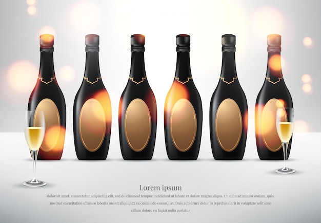 Vector illustration des weinglases mit einer flasche champagner