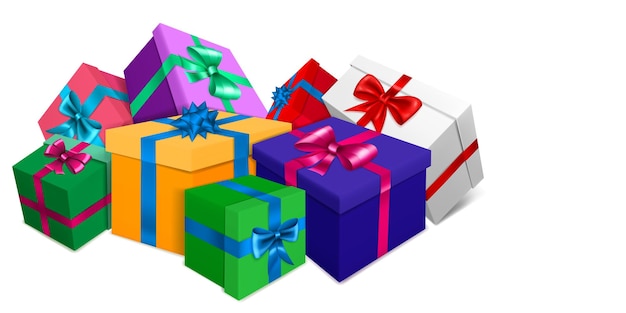 Vektor vector illustration mit bündel farbigen geschenkboxen mit bändern und schleifen auf weißem hintergrund