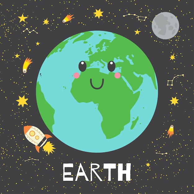 Vector Illustration Planet Erde in der Retro- flachen Karikaturart