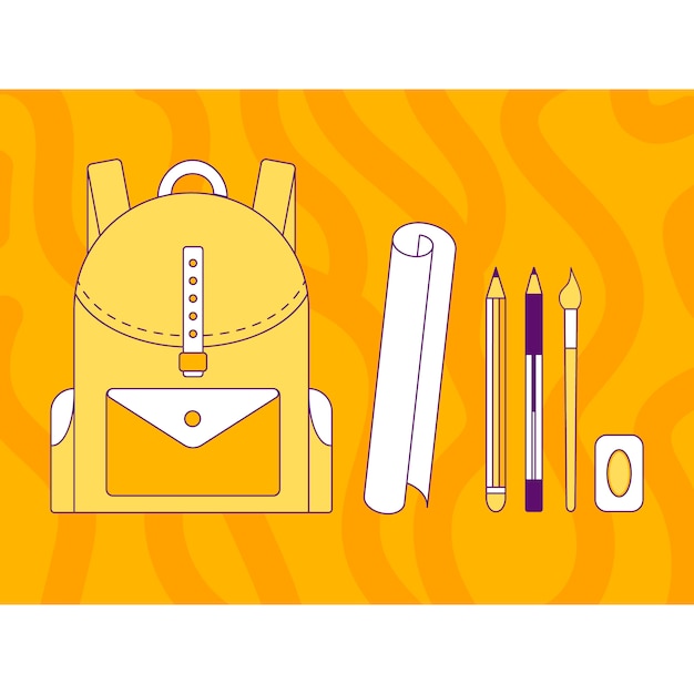 Vector illustration, rucksack, stift, bleistift, pinsel, radiergummi