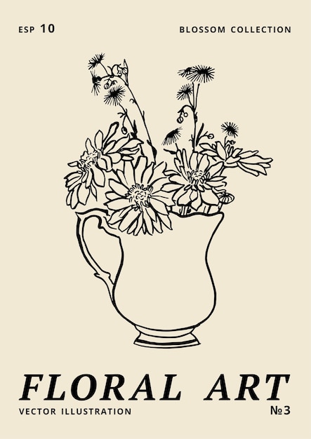 Vector illustration tinte blumenplakate mit gänseblümchen und kamillenblüten in vase art für für drucke wandkunst banner hintergrund