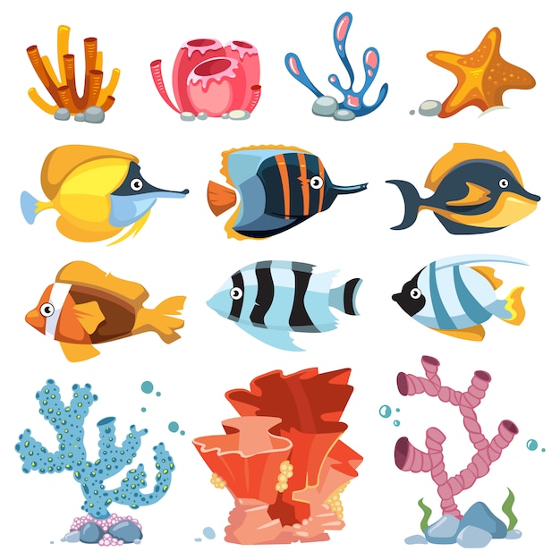 Vector Karikaturaquarium-Dekorgegenstände - Unterwasserpflanzen, helle Fische