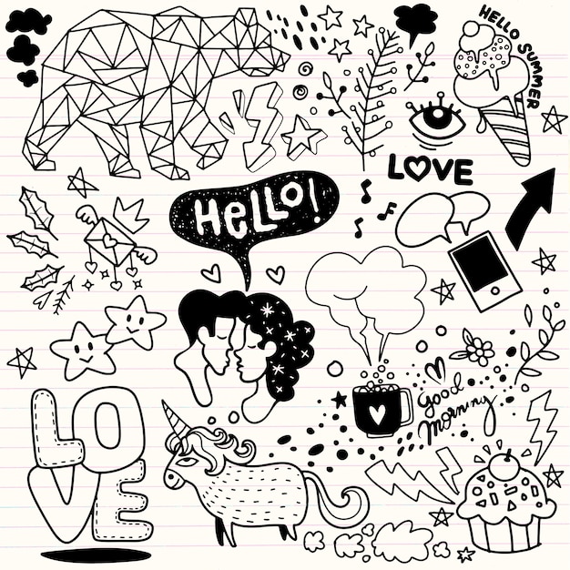 Vector Linie Kunst Doodle Cartoon Reihe von Objekten und Symbolen