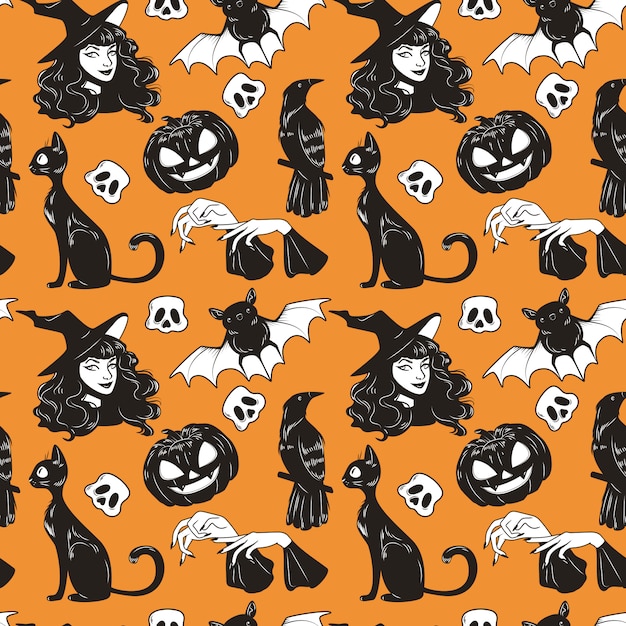 Vector nahtloses Muster mit gezeichnetem Elementsatz Halloweens nette Hand