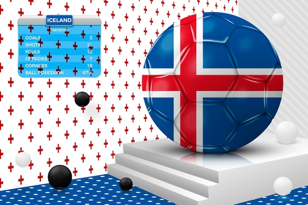 Vektor vector realistischen fußballball 3d mit island-flagge, anzeigetafel, lokalisiert in der abstrakten szene der eckwand mit podium, weißen und schwarzen gegenständen.