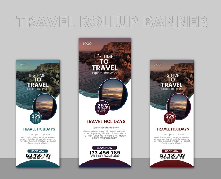 Vector-Reisen-Rollup-Banner oder Stand-Banner-Design